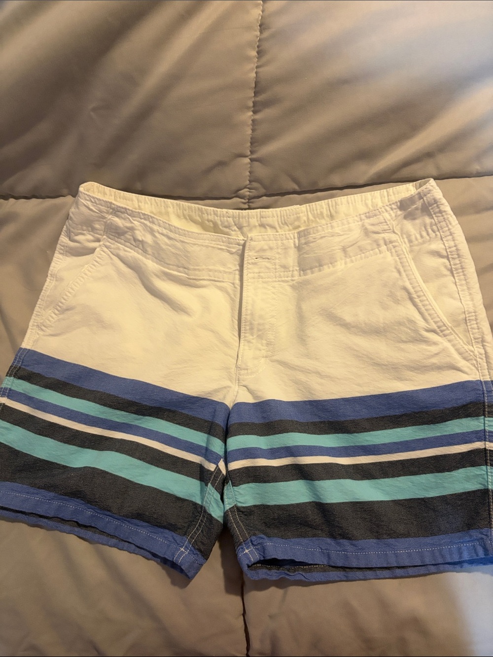 Women’s White Stripe Shorts with Blue & Teal Accents